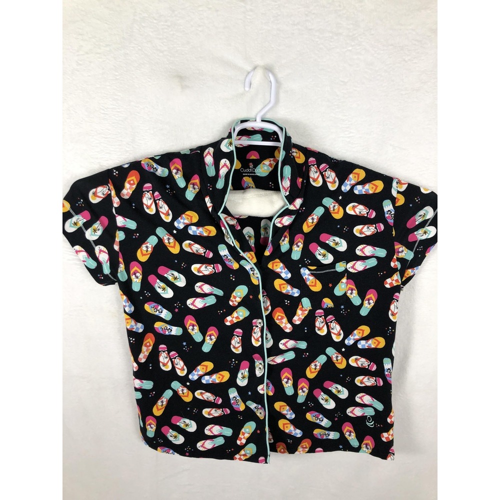 Cuddl Duds Shirt Womens Large Black Pajama Flip Flop‎ Print Short Sleeve Sleep